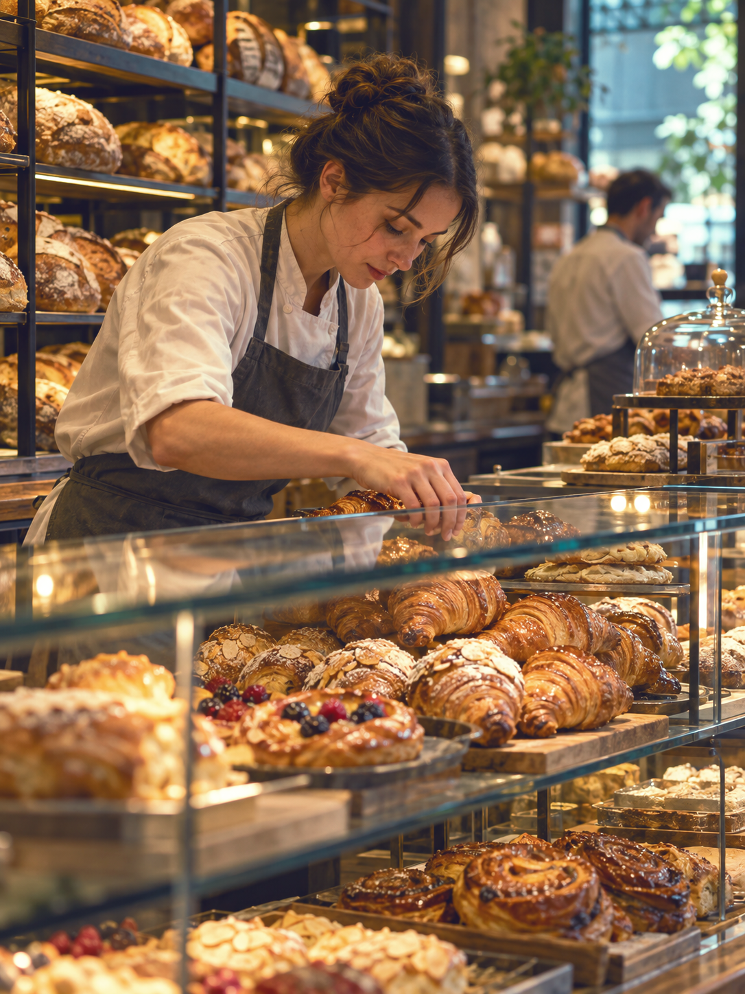 A baker arranging pastries in a bakery