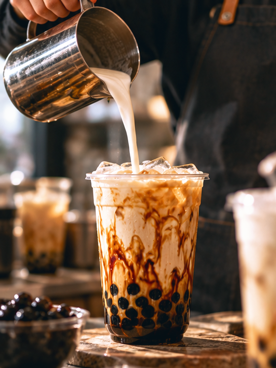 Milk tea being poured at a local shop